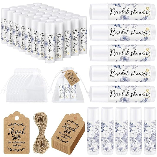 Demissle 50 Pcs Bridal Shower Lip Balm Gift Set with 100 Pcs Organza Bags Thank You Tags 20 Meters Rope wedding Party Favor for Guest Favors Gift Party Decoration Souvenirs(Vintage Flower)