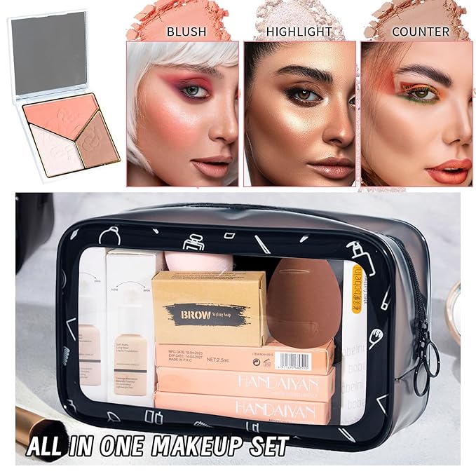 Makeup Set Kit for Women Full Kit, Makeup Gift for Makeup Beginner, Eyeshadow Foundation Face Primer Brush 3 in 1 Palette Lip Gloss, Eyebrow Soap Mascara Eyeliner cosmetic bag