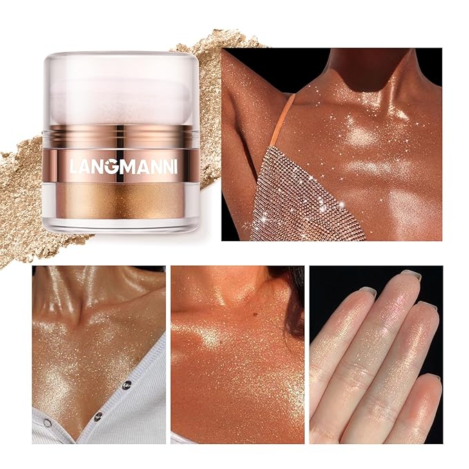Glitter Body Highlighter Powder Body Shimmer Sparkle Face Brightening Highlighter Powder for Face Eyes Body Glow Makeup With sponge head(silvery)