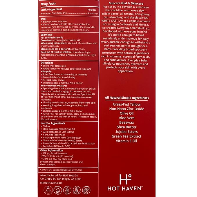 Tallow Sunscreen SPF 50 – Everyday Solar Shield Mineral Sunscreen | Grass-Fed Tallow & Zinc Oxide – Non-Greasy, Baby Safe, Reef Friendly, Chemical-Free Moisturizer – 3.38 oz