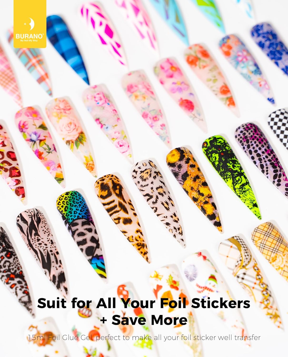 BURANO Nail Art Nail Foil Glue Gel, o.5 oz with 10PCS Foil Stickers Set Nail Foil Glue for Nails Foil Transfer Gel, Nail Design DIY UV LED Lamp Required (Marble Foil 15)