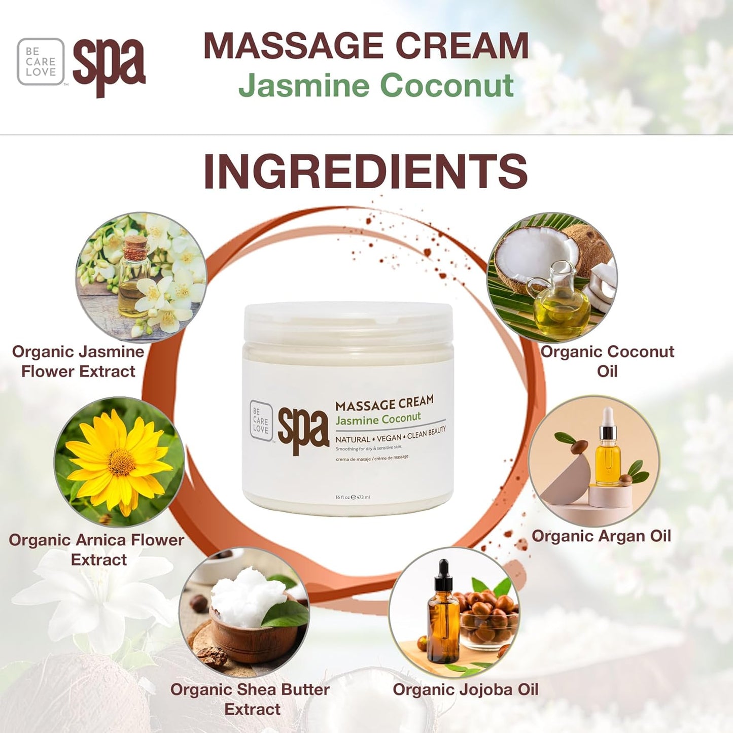 Be Care Love (BCL) Spa Massage Creams (16 fl oz, Jasmine & Coconut)