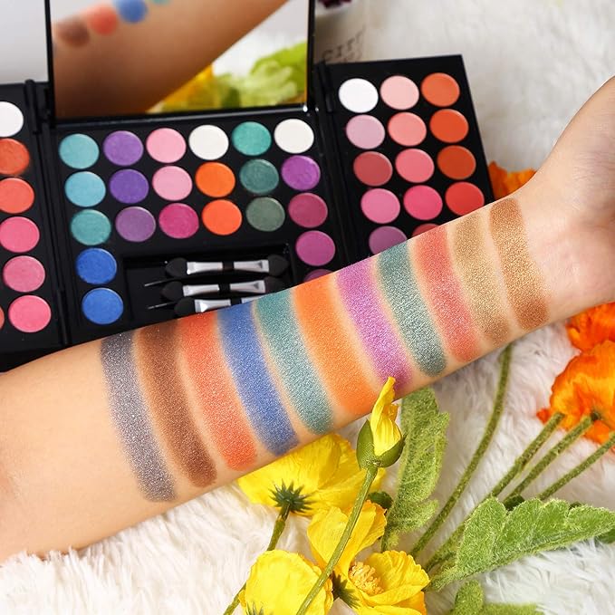 All In One Makeup Kit 142 Ultimate Colors Matte Shimmer Eyeshadow Palette Colorful Gifts For Women 3 blush 3 Sponge Brushs 3 Eyebrow Powder Professional Cosmetics Fashion Women Makeup Case Full Make U