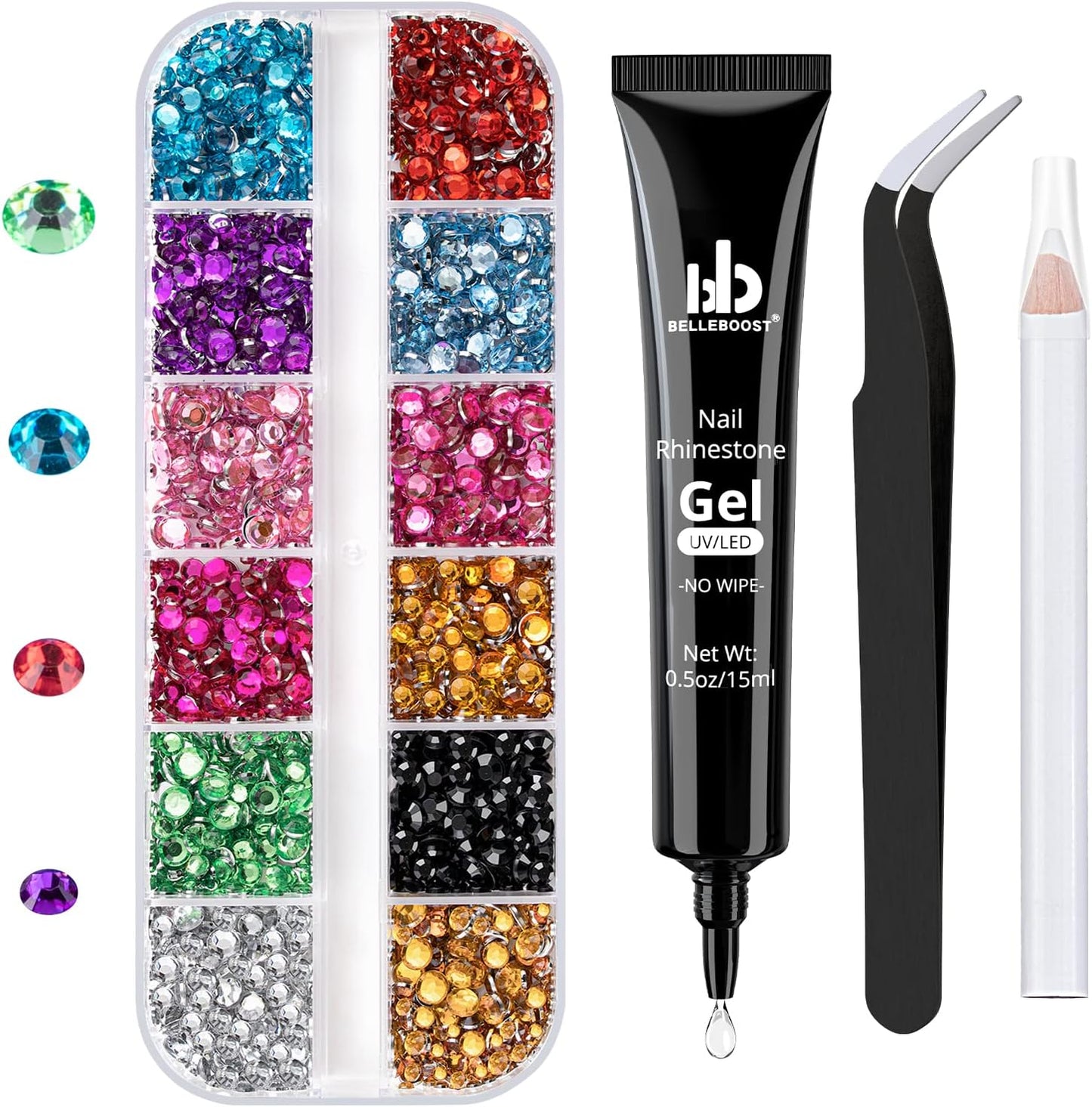 Nail Art Rhinestone Glue Gel&Flatback Gems Accessories Kit, 1 Tube of 15ml Rhinestone Gel Glue(UV/LED Needed)+1 Box of Flat-Back Round Mixed Color Gemstones with Pickup Pencil and Tweezer