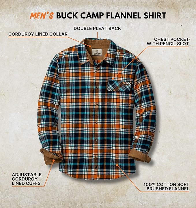 Legendary Whitetails Men's Flannel Shirt Long Sleeve Button Down 100% Cotton