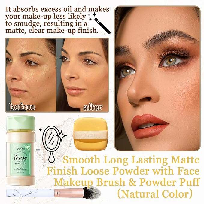 Lightweight Setting Powder,Waterproof Oil Control Translucent Face Powder,Smooth Long Lasting Matte Finish Loose Powder with Face Makeup Brush & Powder Puff(Natural Color)