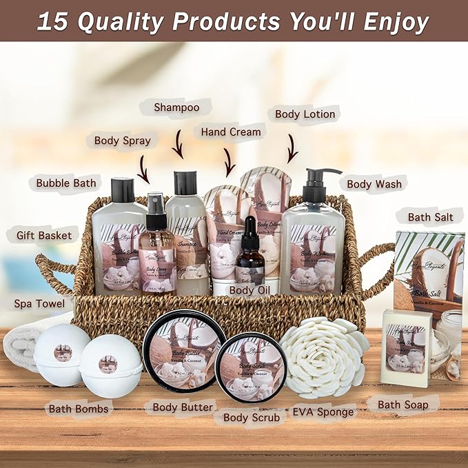 Bath Spa Gift Sets - Luxury Basket With Coconut & Vanilla - Spa Kit Includes Wash, Bubble Bath, Lotion, Bath Salts, Body Scrub, Shower Puff, Bathbombs, Soap in Wooden Basket