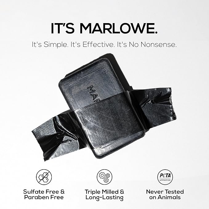 MARLOWE. No. 106 Charcoal Soap 7 oz (6 Bars) Body Bar Soap for Men, Cleansing, Purifying & Hydrating with Natural Extracts, Shea Butter, Olive Oil & Green Tea Extracts, Fresh Woodsy Scent