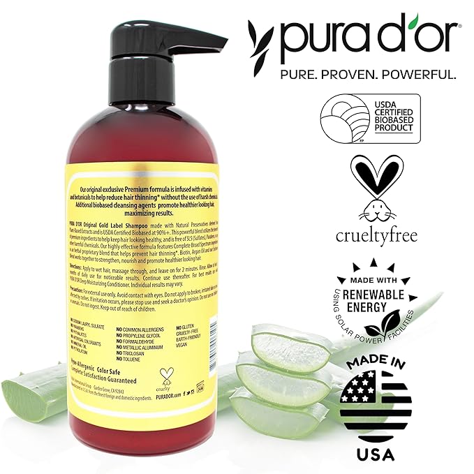PURA D'OR 16 Oz Original Gold Label Anti-Thinning Biotin Shampoo Natural Earthy Scent, CLINICALLY TESTED Effective Results, Herbal Hair Thickening Products, 3-1 Wash, Women & Men, Color Treated Hair