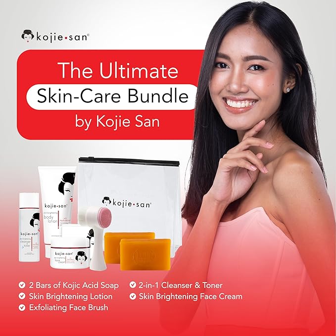 Kojie San Face & Body Shower Set - The Original Kojic Acid Soap that Reduces Visibility of Dark Spots, Hyperpigmentation, and Other types of Skin Damage – 135g x 2 Bars with Lotion, Cream and Toner
