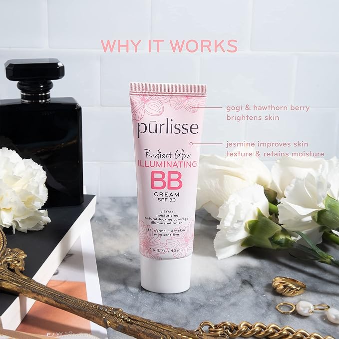 pūrlisse Radiant Glow Illuminating BB Cream Spf30 Hydrating and Moisturizing Natural Organic Cruelty-free Sulphate & Paraben Free For All Skin Even Sensitive Skin 1.4 Fl Oz (Tan)