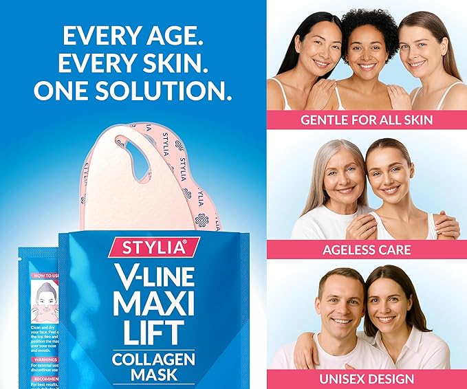 Stylia MaxiLift V-Line Lifting Collagen Face Mask - Advanced Double Chin Reducer - Jawline Shaper - Neck Firming and Tightening Mask with Hyaluronic Acid & Aloe Vera - Chin Strap for Sleeping - 5PC