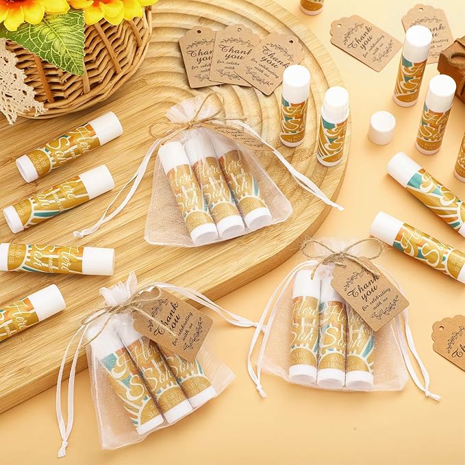 Demissle 50 Pcs Baby Shower Lip Balm Gift Set with 100 Pcs Organza Bags Baby Shower Party Favor for Guest Thank You Tag Rope Baby Shower Party Decoration Gender Reveal Souvenirs(Colorful Stripes)