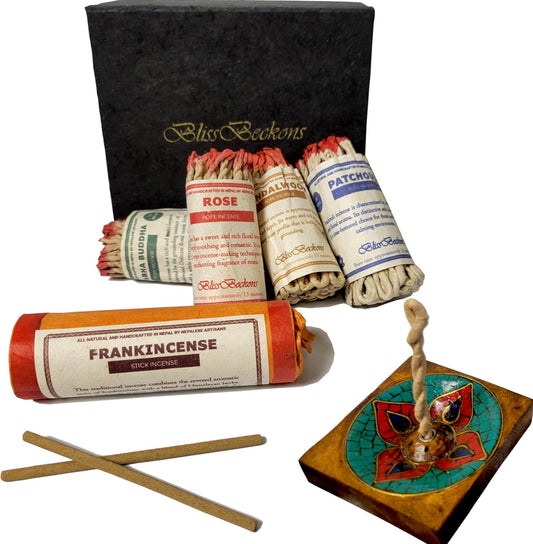Handmade Tibetan Incense Gift Set β 150 pcs Incense Variety Pack: Frankincense, Patchouli, Sandalwood, Rose, Amitabha Buddha, Incense Holder, 4 Rope Bundles and 1 Stick Bundle