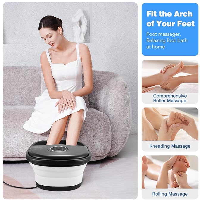 Collapsible Foot Spa Bath with Heat, Remote Control, Temperature Control, Bubbles, Pumice Stone, Red Light, Timer, 16 Massage Roller Pedicure Foot Spa Foot Soaker for Soothe & Relax Tired Feet