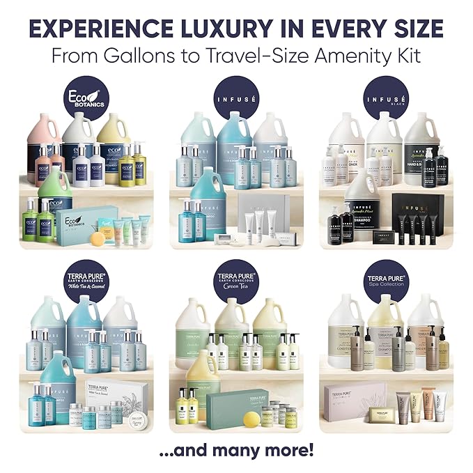 Terra Pure Amenity & Accessory Kit |1 oz Travel Size Shampoo, Conditioner, Lotion, Body Wash, 2 Cleansing Bars, Shave & Dental Sets, Make-Up Remover Wipes, & Vanity Kit | 15 sets per case