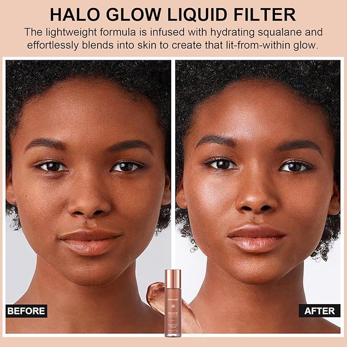 Natural Glow Liquid Filter Makeup, Longwear Face Luminizer, Complexion Booster For Any Part of the Body, Liquid Highlighter with Brush Kit, Infused Hyaluronic Acid, 1.06 fl oz (#06 TAN/DEEP)