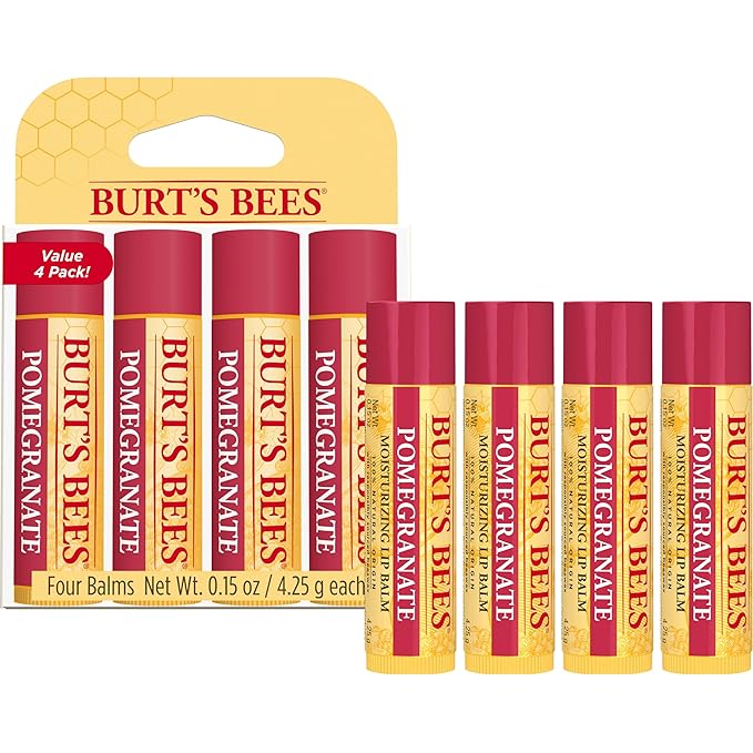Burt's Bees Lip Balm - Pomegranate, Lip Moisturizer With Responsibly Sourced Beeswax, Tint-Free, Natural Origin Conditioning Treatment, 4 Tubes, 0.15 oz.