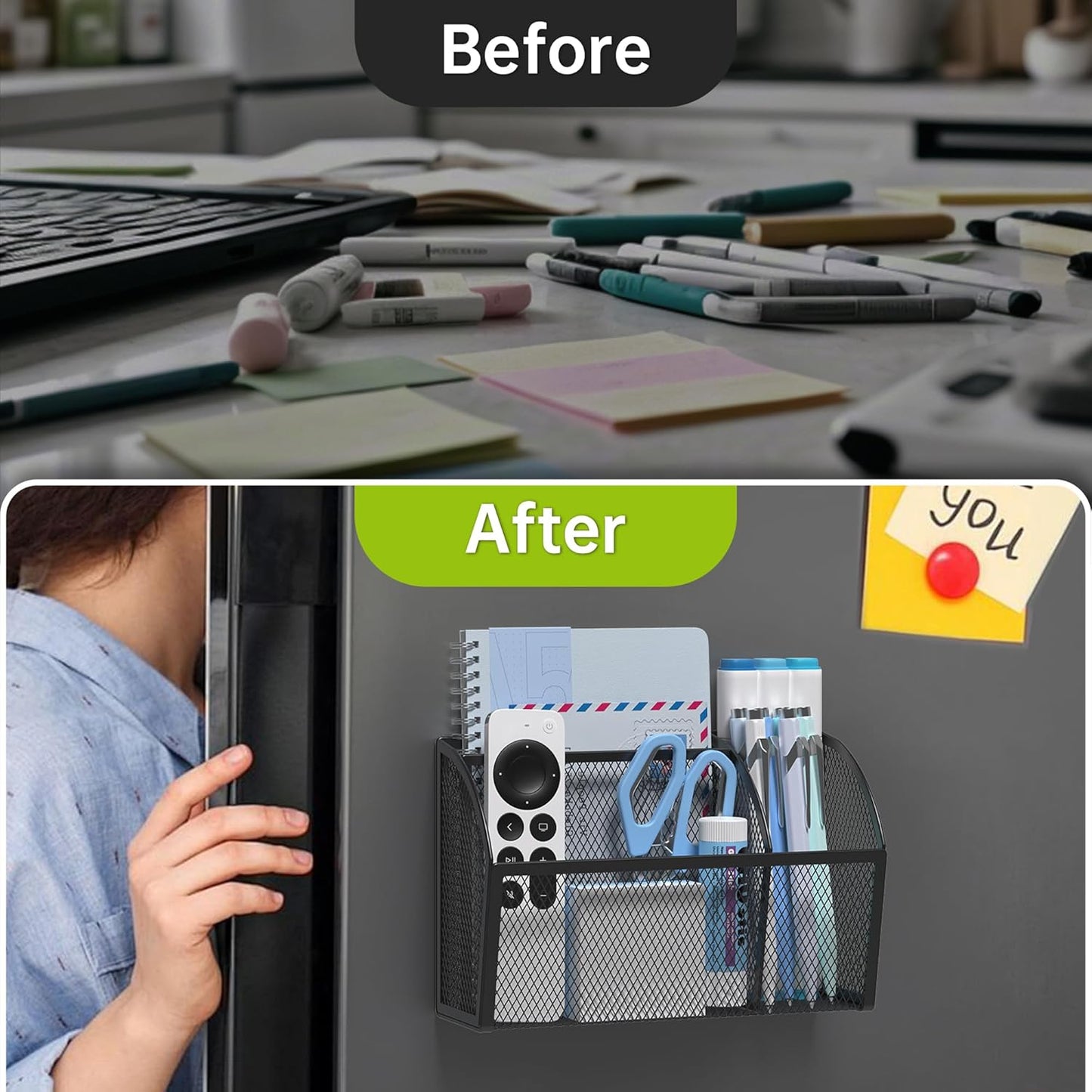 YINGHUA Strong Magnetic Pen Holder for Whiteboard and Refrigerator 3 Compartments Metal Mesh Organizer Space Saving Shelf for Office School Home and Locker - Black