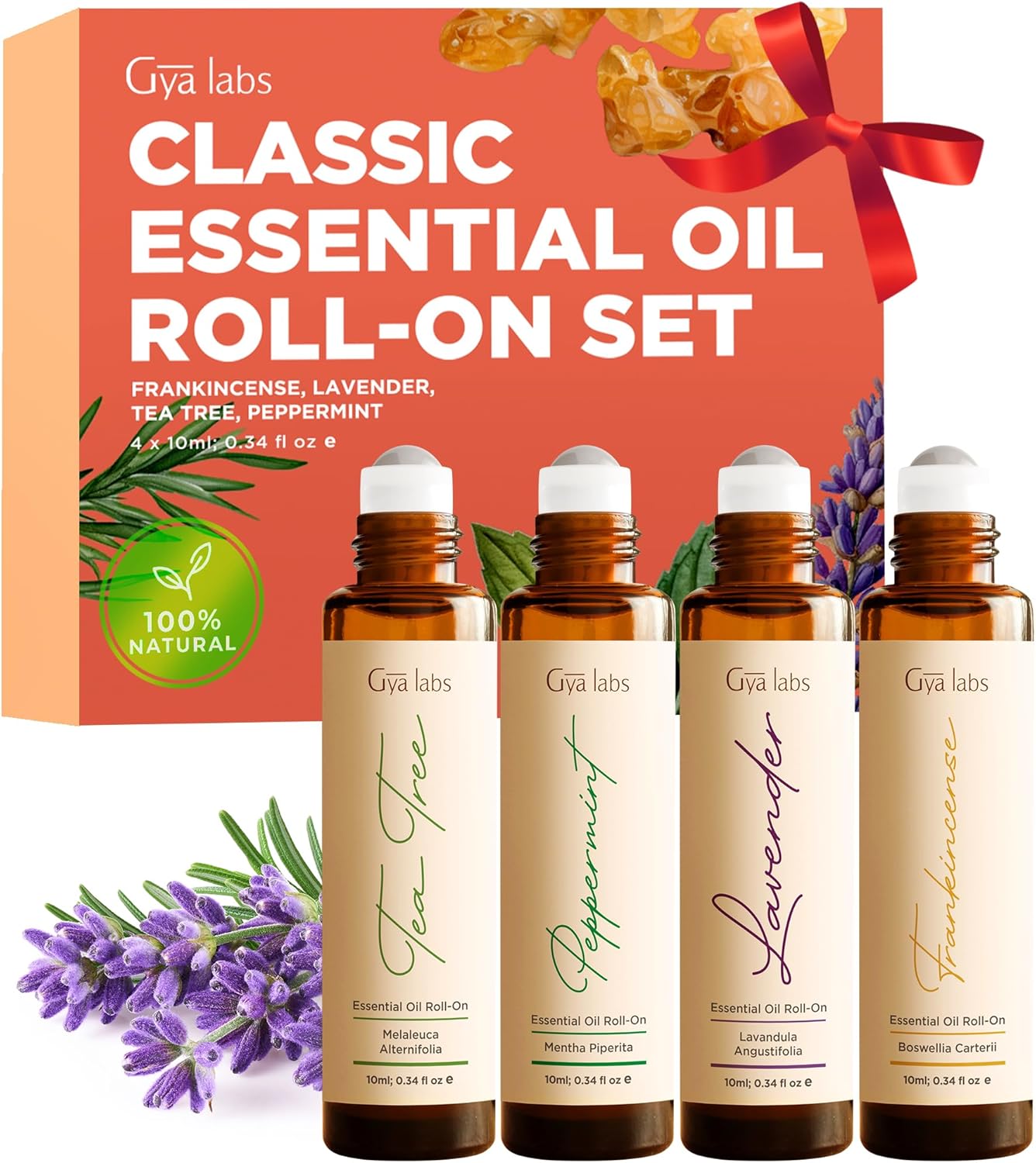 Gya Labs Classic Roll on Essential Oils Set - 100% Pure Natural Frankincense, Peppermint, Lavender, Tea Tree Oil Rollers for Skin & Body Comfort, Relaxing Gift for Women (0.34 Fl Oz Each)