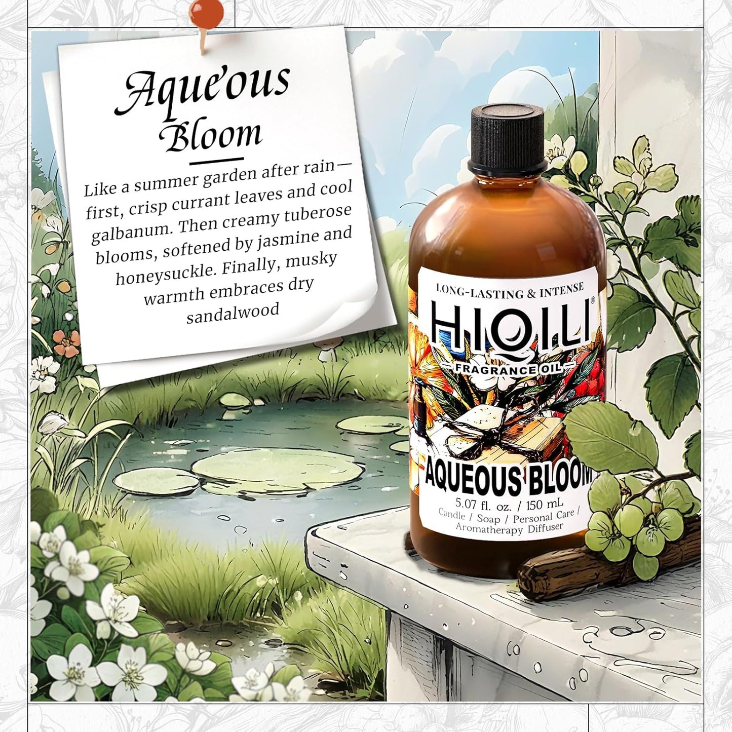 HIQILI Aqueous Bloom Fragrance Oil for Diffusers, Black Currant Leaf & Jasmine, Candles & Soap Making, Long-Lasting Scent - 5.07 Fl Oz