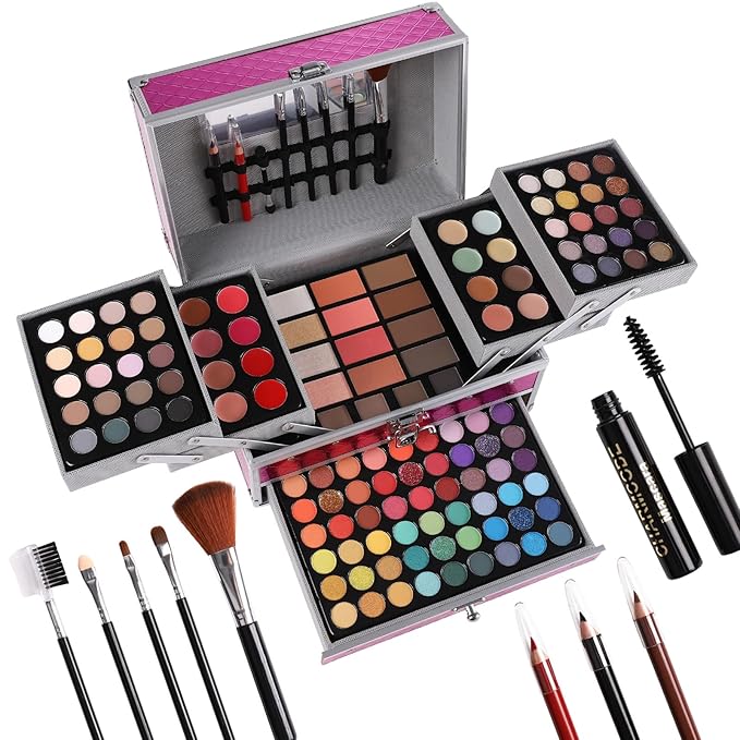 All in One Makeup Gift Set for Women Girls Full Kit, Includes Eyeshadow, Lipstick, Concealer, Highlighter, Eyebrow Powder, Blush, Contour, Lip Liners, Eyeliner, Brushes (Cerise)