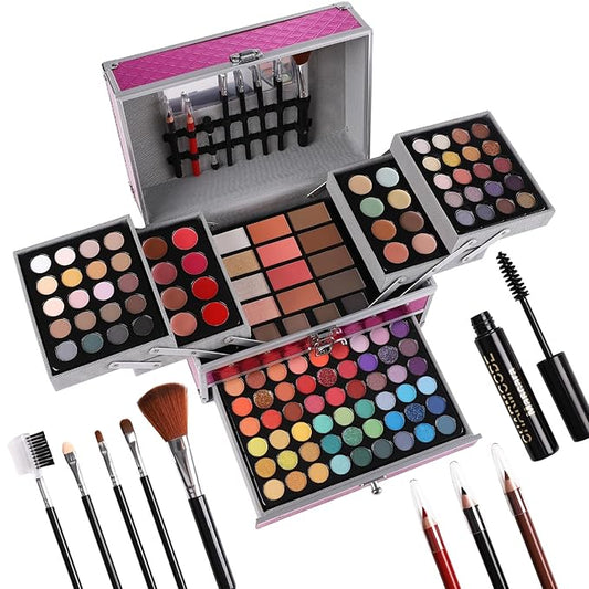 All in One Makeup Gift Set for Women Girls Full Kit, Includes Eyeshadow, Lipstick, Concealer, Highlighter, Eyebrow Powder, Blush, Contour, Lip Liners, Eyeliner, Brushes (Cerise)