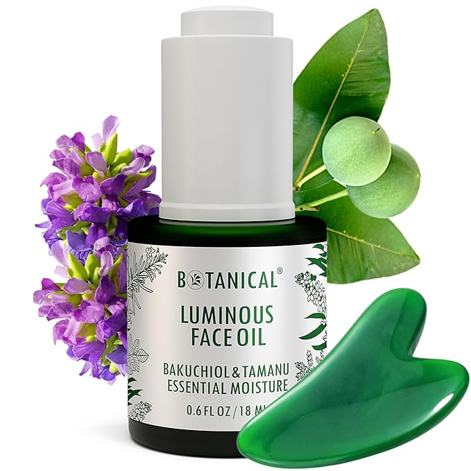 Botanical Luminous Face Oil | Skin Rejuvenating Tamanu & Bakuchiol w/Gua Sha Lift Scraper | Organic, Pure, Natural Skincare (0.6 fl oz | 18 ml)