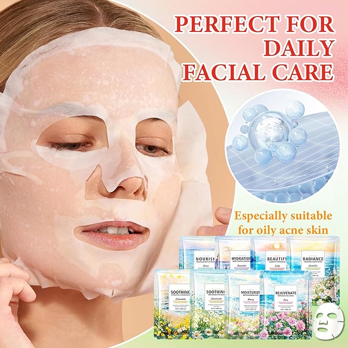 8 Pack Variety Facial Sheet Masks Skin Care Set, Hydrating Bulk Sheet Face Masks Skincare Gifts Set for Women Men, Long Lasting Moisturizing Face Mask Skincare for All Skin Type(13)