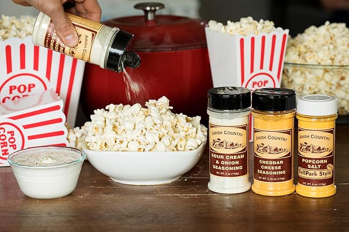 Amish Country Popcorn | Seasoning Variety Pack | 5.5 oz BallPark Style ButterSalt - 4.7 oz Cheddar Cheese & 4.7 oz Sour Cream and Onion Popcorn Seasoning