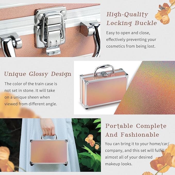 Color Nymph Beginner Makeup Kits For Teens With Train Case Included Full Makeup Kit Eyeshadow Palette Blushes Bronzer Highlighter Lipstick Brushes Mirror(Gold)