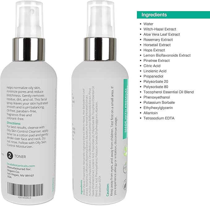 LAUDA BOTANICALS Vitamin C Facial Toner Spray, Hydrating Skin Balancing, Refreshing Pore Minimizer with Organic Witch Hazel, Aloe Vera, Anti Aging Antioxidants for Combination & Oily Skin, 4 Oz