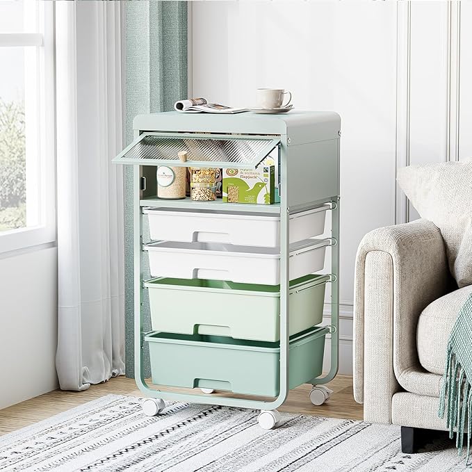 Utility-Rolling-Storage-Drawer-Craft-Cart-Organizers with 4 Drawers & Dust-proof Door for Kid Craft Art Room,Bedroom,Home Office, 4 Tiers Drawer cart, Green