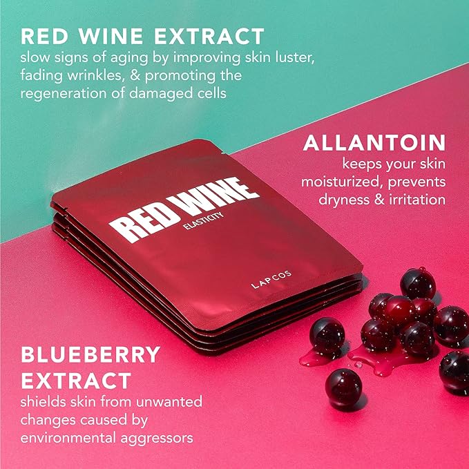 LAPCOS Red Wine Sheet Mask, Daily Face Mask to Restore and Soften Skin, Korean Beauty Favorite, 5-Pack