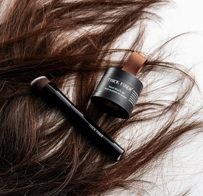 Thick Fiber Root Touch Up Powder, Medium Brown - Water & Sweat Resistant Hair Loss Concealer Set with Brush for Thin Hairlines and Gray Root Coverage