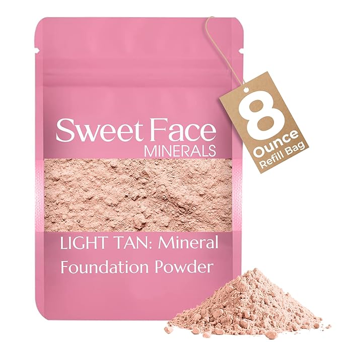 (8 Ounce) (Light Tan) Foundation Powder Refill By Sweet Face Minerals, Lightweight Mineral Loose Makeup Powder with SPF 20, Full Coverage Flawless Finish, Talc-free, Cruelty-Free, Refillable Pouch