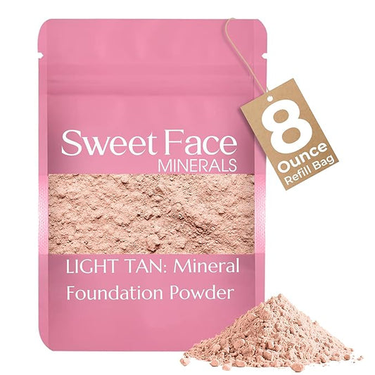(8 Ounce) (Light Tan) Foundation Powder Refill By Sweet Face Minerals, Lightweight Mineral Loose Makeup Powder with SPF 20, Full Coverage Flawless Finish, Talc-free, Cruelty-Free, Refillable Pouch
