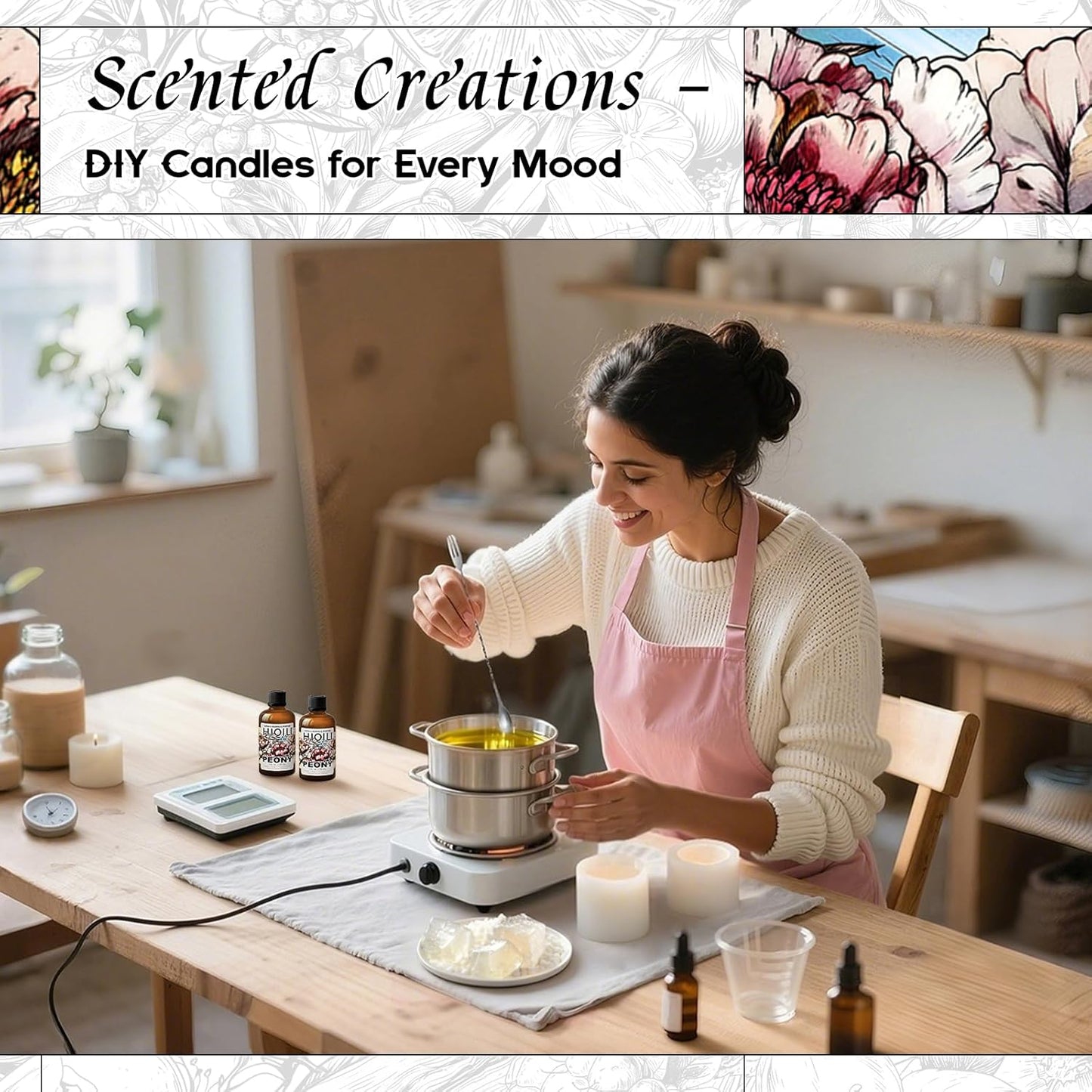 HIQILI Peony Fragrance Oil for Home Diffuser, Idea for Making Candle, Women's Perfume, Car Air Freshener, Skin & Body Care - 1 Fl Oz