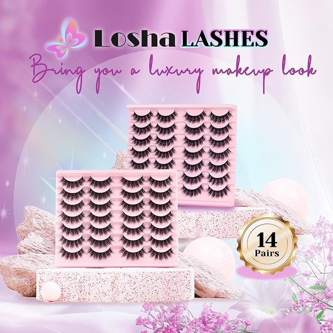 Losha Lashes Fluffy False Eyelashes 5D Volume Eye Lashes 14 Pairs Vegan Fake Eyelashes Soft Faux Mink Lashes Pack (Thrives Only)