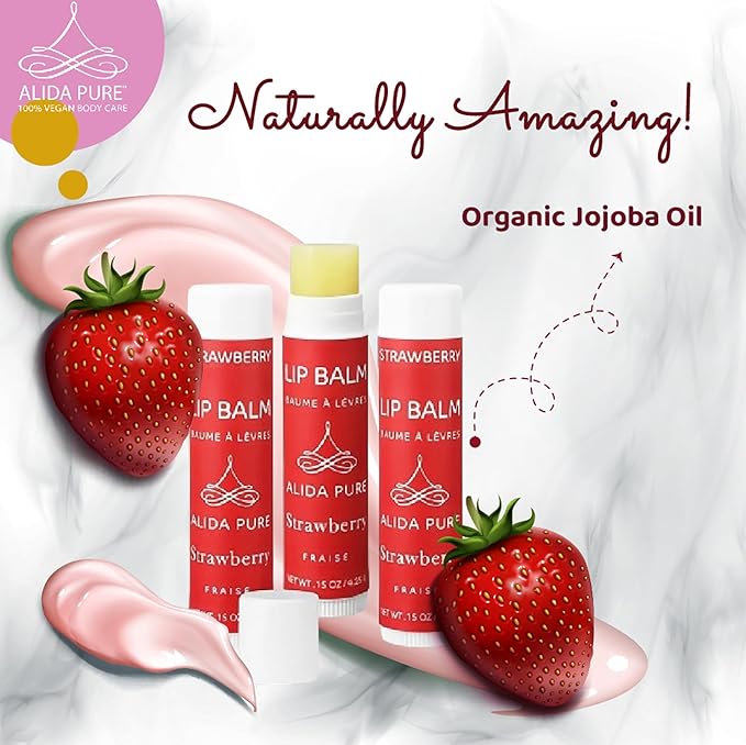 Strawberry Lip Balm Collection, Vegan Lip Balm Set, Beeswax Free, with Avocado Oil, Organic Jojoba Oil, and Vitamin E, Natural Moisturizer for Dry, Chapped Lips, 3 Tube Set