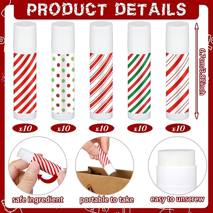 50 Pcs Christmas Peppermint Lip Balms Gifts Bulk Holiday Stocking Stuffers Holiday Treat Gifts Stuffer Goodie Christmas Party Supplies for Kids Women Men