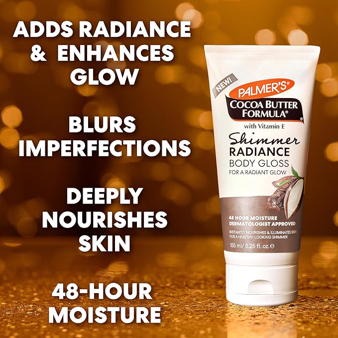 Palmer's Cocoa Butter Formula Shimmer Body Lotion with Vitamin E, 5.25 Fl Oz, Radiance Body Gloss, Help Blur Veins, Cellulite, Marks, 48 Hour Moisture