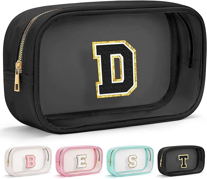 YOOLIFE Travel Toiletry Bag for Women, Black Clear Makeup Bag Cute Make Up Bag for Women Cosmetic Bags Skin Care Makeup Bag Organizer Birthday Gifts for Women Teacher Mother Girlfriend Initial D