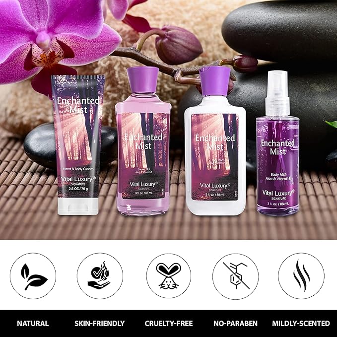 Bath & Body Kit, 3 Fl Oz, Ideal Skincare Gift Home Spa Set, Includes Body Lotion, Shower Gel, Body Cream, and Fragrance Mist,Birthday Mother's Valentine's Day Gifts(Enchanted Mist)