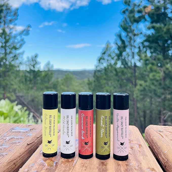 Pure Bison Tallow Lip Balm Set (5 pack) - Moisturizing, Non-Habit Forming, Soothes Chapped Lips, Hydrating
