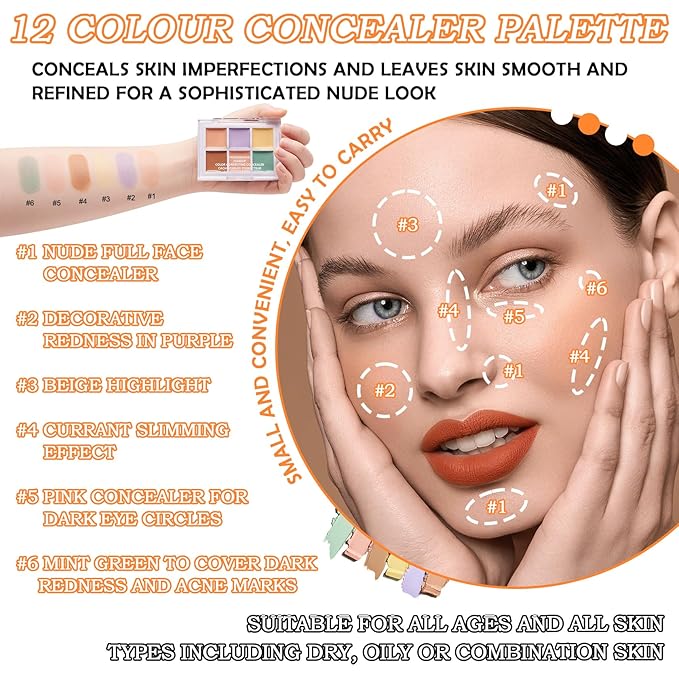 12 Colors Correcting Concealer Contour Makeup Palette, 6 in 1 Color Corrector Palette,Highlighting Concealer Palette Contouring Liquid Foundation Makeup Kit with Brush(2PCS)