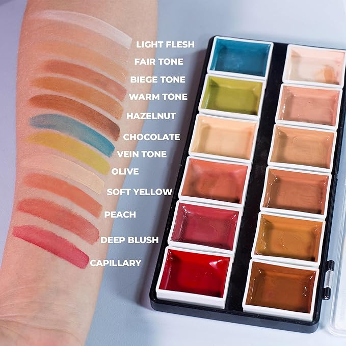 12-Color Flesh Tone Alcohol-Activated Palette, Tattoo Cover, Highly Pigmented Professional SFX Makeup for Film, Theatre, TV