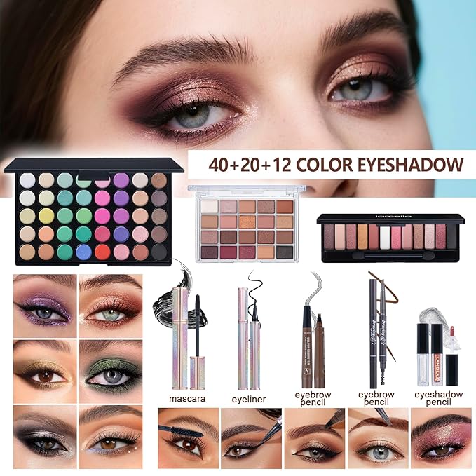 All in One Makeup Kit Makeup Kit for Women Full Kit Multipurpose Makeup ,eyeshadow、 liquid foundation,Loose powder,Eyebrow pencil,4-color lip gloss set