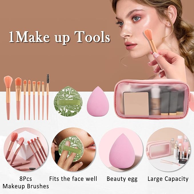 All In One Multipurpose Makeup Kit for Women,Travel Makeup Sets,Makeup Gift Full Kit,Includes Foundation Eyeshadow Palette Lipstick Mascara Eyeliner Blusher Cosmetic Brush Set with Makeup Bag-Set A