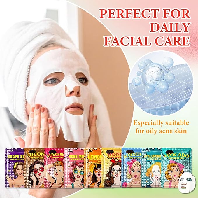 9 Pack Variety Facial Sheet Masks Skin Care Set, Hydrating Bulk Sheet Face Masks Skincare Gifts Set for Women Men, Long Lasting Moisturizing Face Mask Skincare for All Skin Type(03)